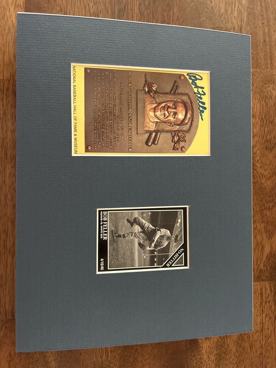 9x12 Autograph Bob Feller No-Hitter Game Hand Signed HOF Yellow Card Matted and Mounted with old baseball card.