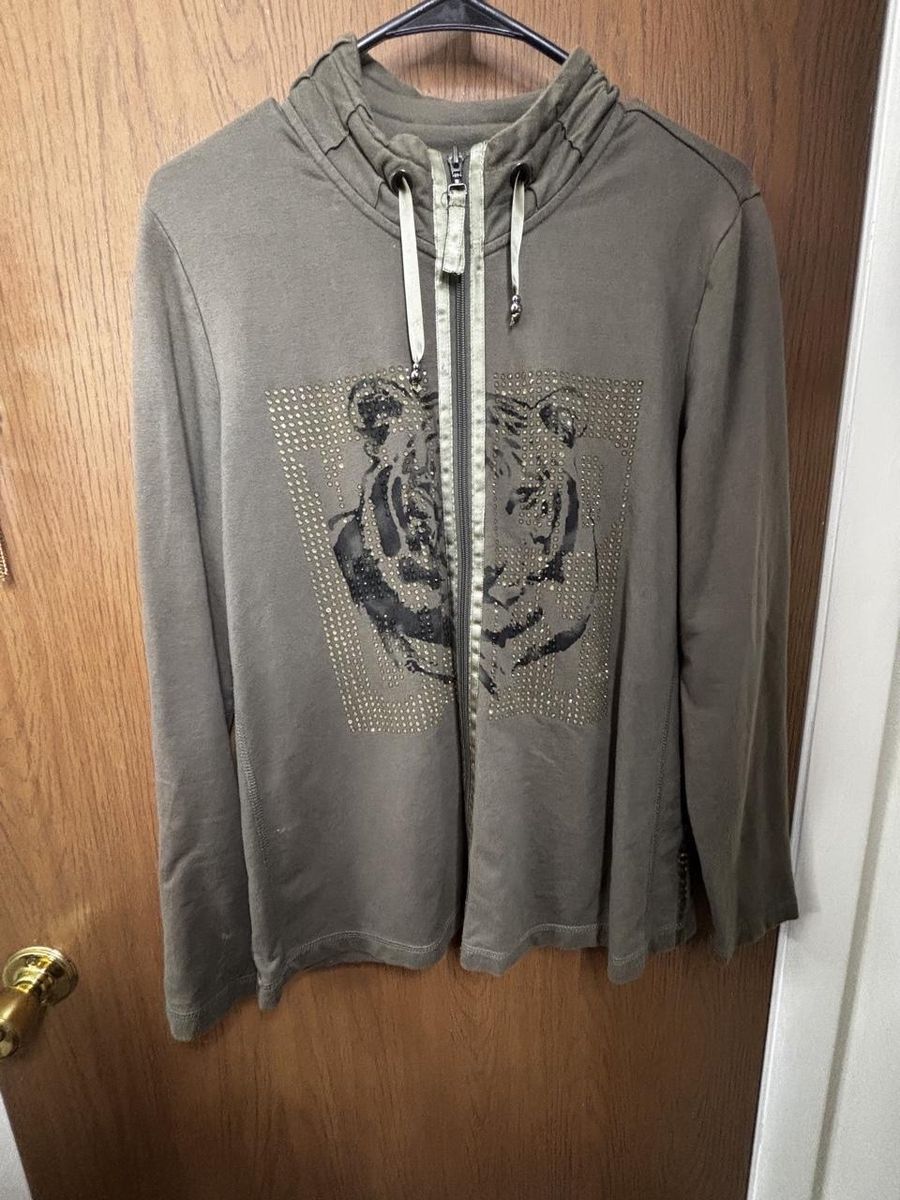 Midnight Velvet Branded Olive Green Full Zip Hoodie with Rhinestone Tiger Graphic, Size L/XL