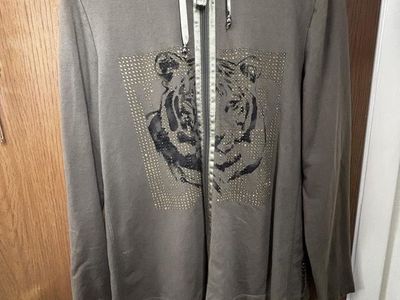 Midnight Velvet Branded Olive Green Full Zip Hoodie with Rhinestone Tiger Graphic, Size L/XL