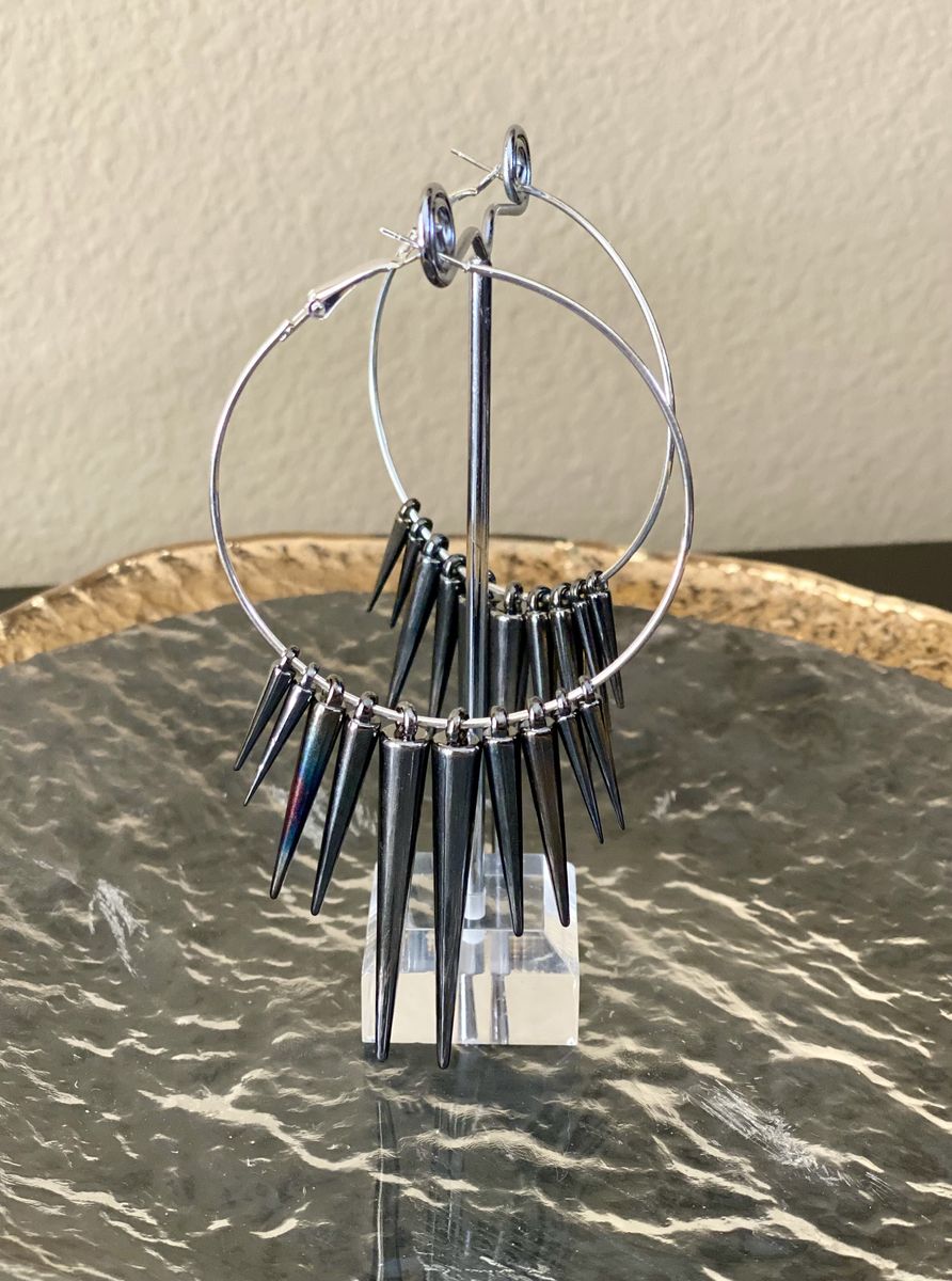 NEW - Large Silver Hoop Earrings w/ Gunmetal Spikes - Retro Fun - See All Photos. I have several pair of these.