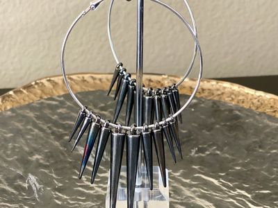 NEW - Large Silver Hoop Earrings w/ Gunmetal Spikes - Retro Fun - See All Photos. I have several pair of these.