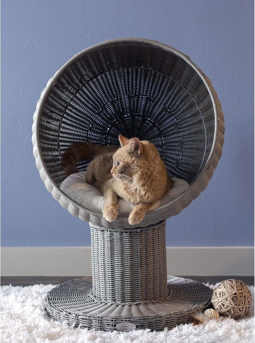 THE REFINED FELINE Kitty Ball Cat Bed Cave for Indoor Cats, Claw-Proof Faux Rattan