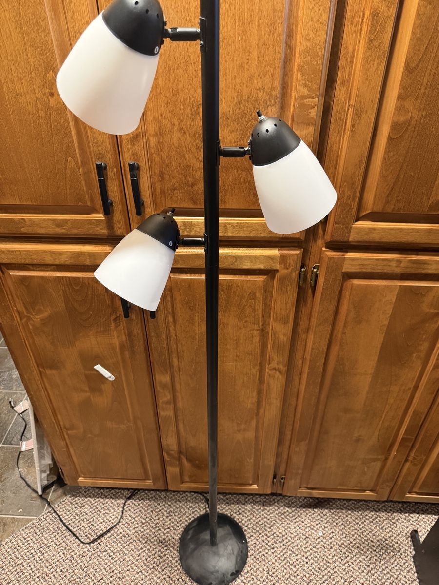 65” Tall 3-Light Floor Lamp – Black with Frosted Shades