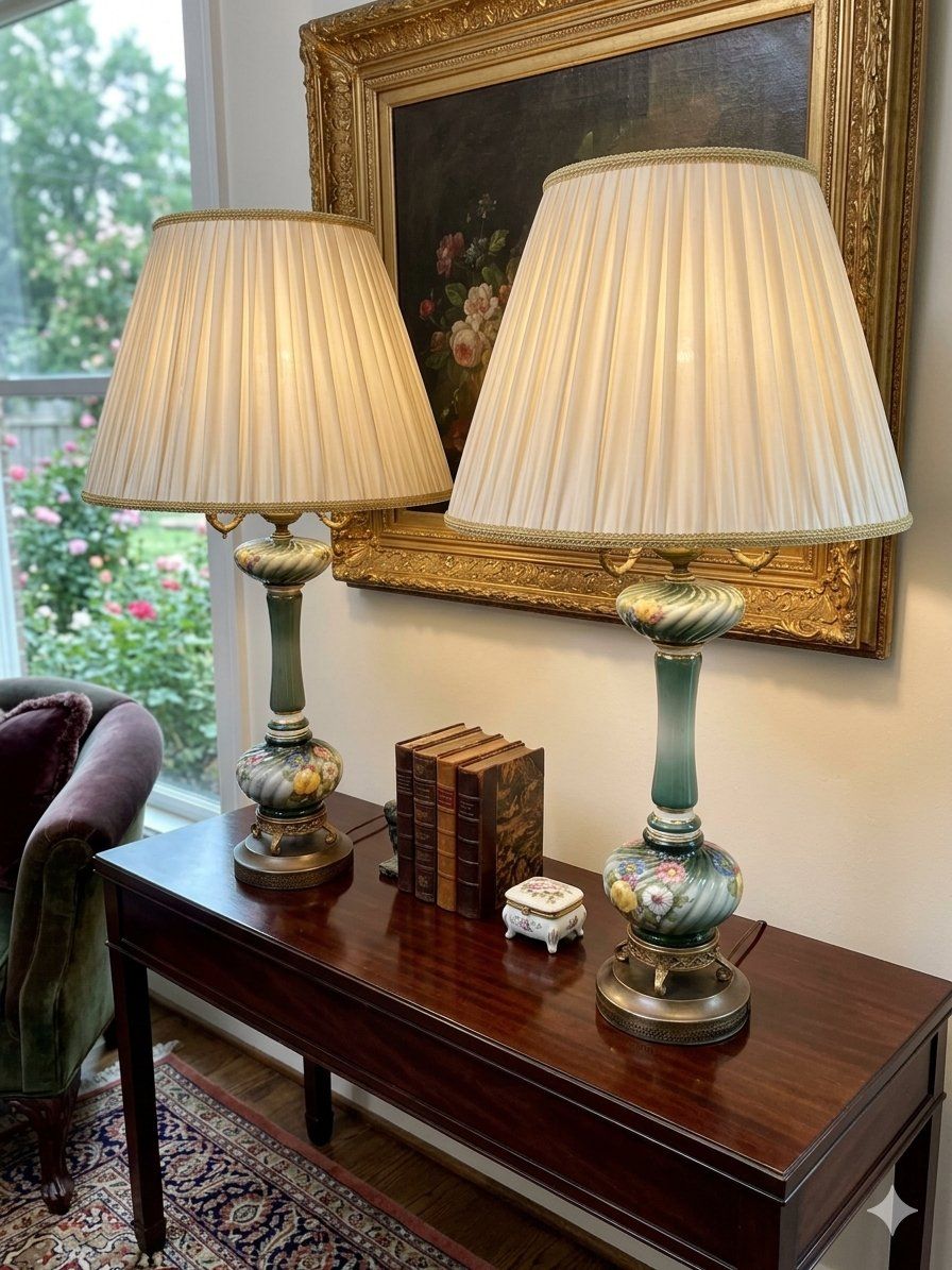 Gorgeous Pair of Vintage Floral + Brass Lamps