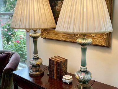 Gorgeous Pair of Vintage Floral + Brass Lamps