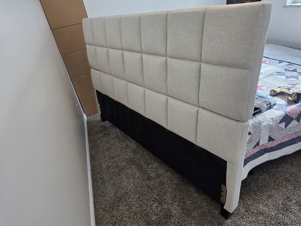 King Upholstered Square Tufted Fabric Headboard Neutral Cream Beige