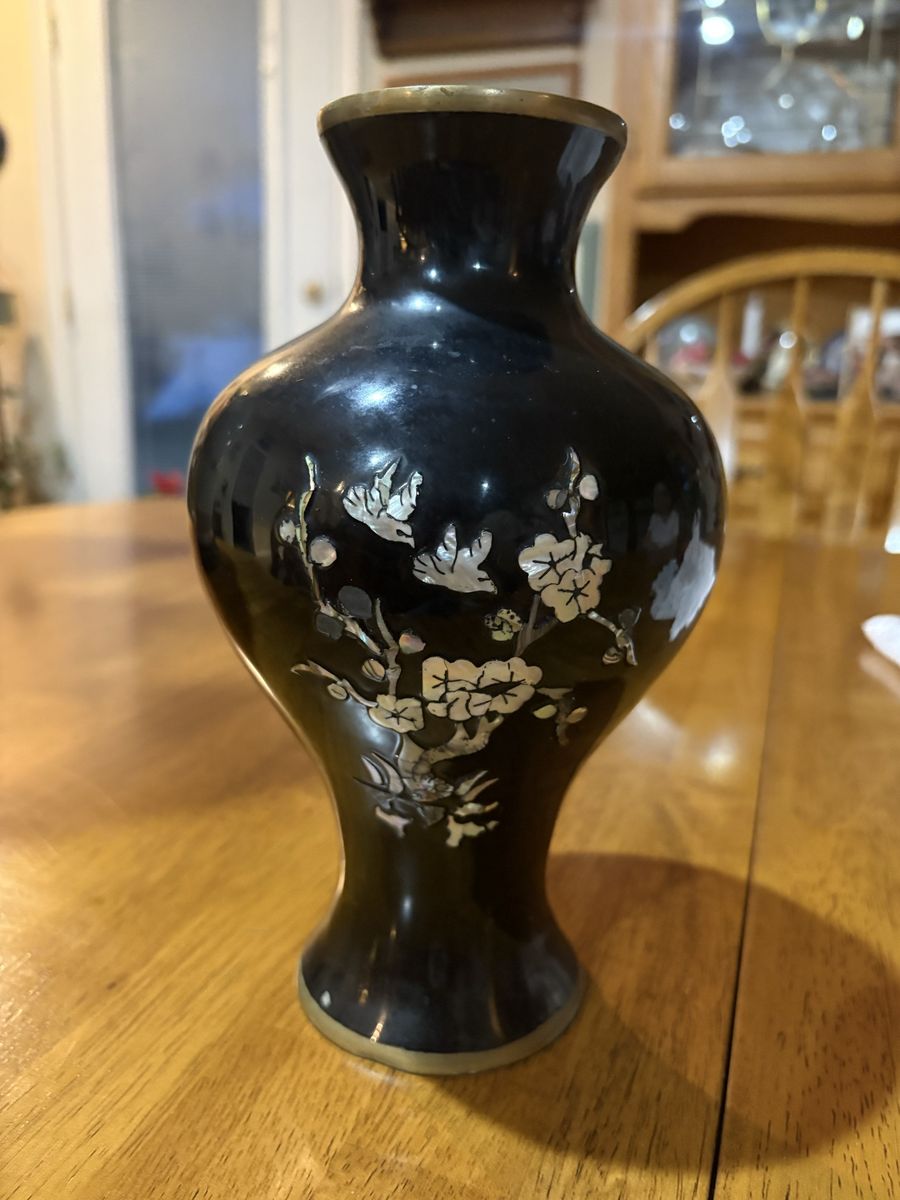Vintage Black vase with mother of pearl like inlays