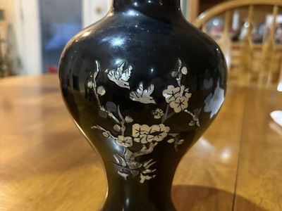 Vintage Black vase with mother of pearl like inlays