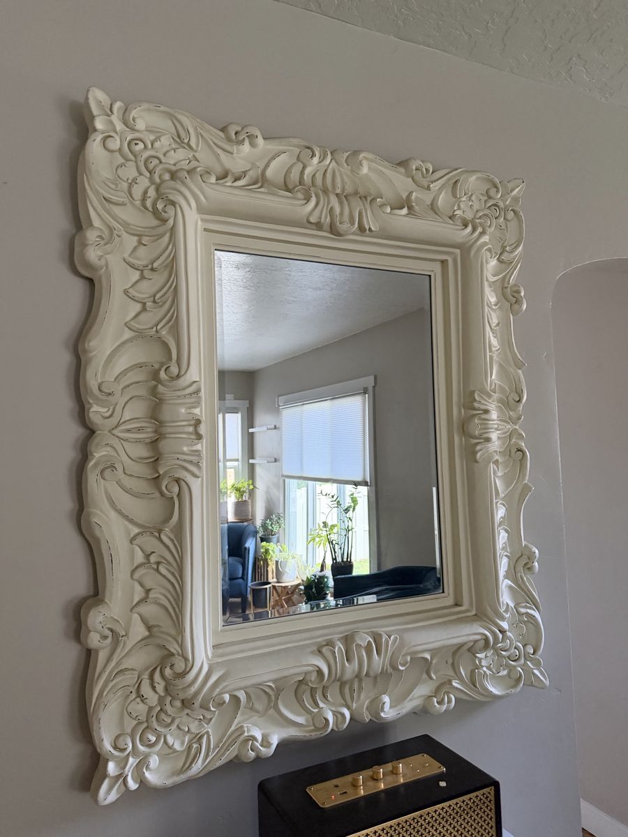 Ornate White Wall Mirror, Baroque Style, Large Decorative Frame