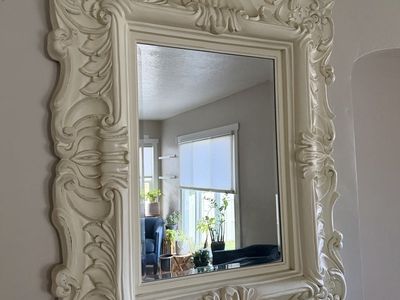 Ornate White Wall Mirror, Baroque Style, Large Decorative Frame
