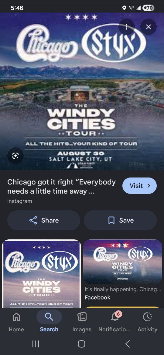 Chicago & Styx 'The Windy Cities Tour' Concert Ticket - August 30, Salt Lake City
