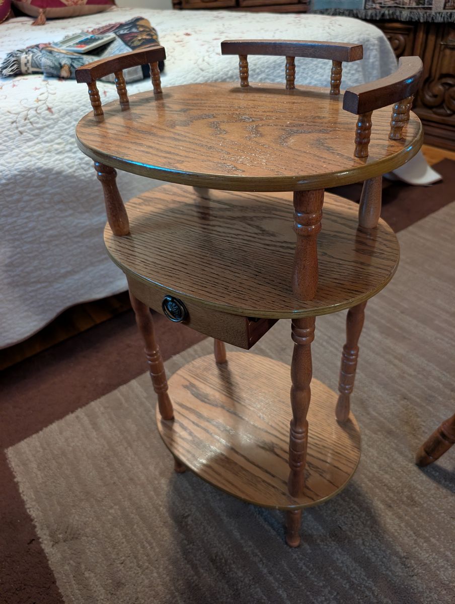 Vintage 3-Tier Oval Oak Accent / Telephone Table