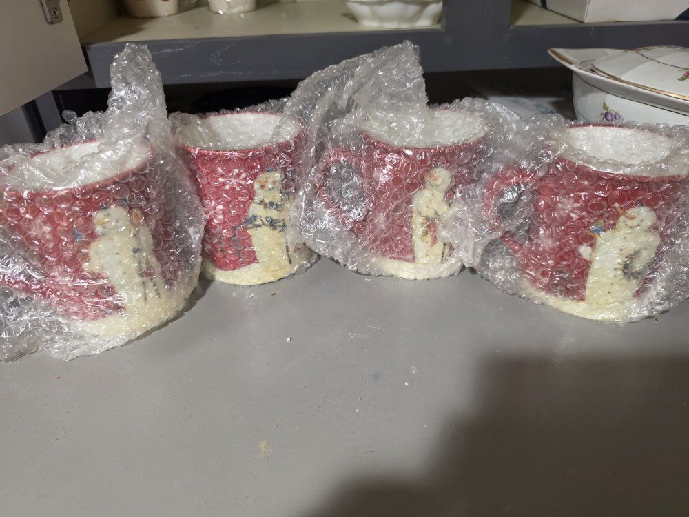 Set of 4 Holiday Snowman Mugs - Red & White Ceramic Coffee Cups, Christmas Decor