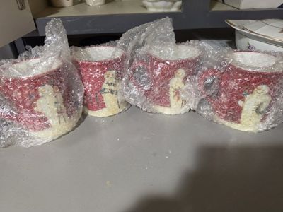Set of 4 Holiday Snowman Mugs - Red & White Ceramic Coffee Cups, Christmas Decor