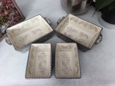 Rae Dunn Style Farmhouse Paisley Embossed Gray & Cream Ceramic Bakeware Dishes Set of 4