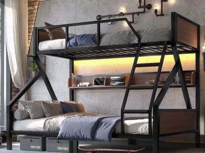 Unbranded Bunk Bed LX-NEW421TX-FD-BL Twin Over Full Loft Bed Black Metal Frame Wood Accents