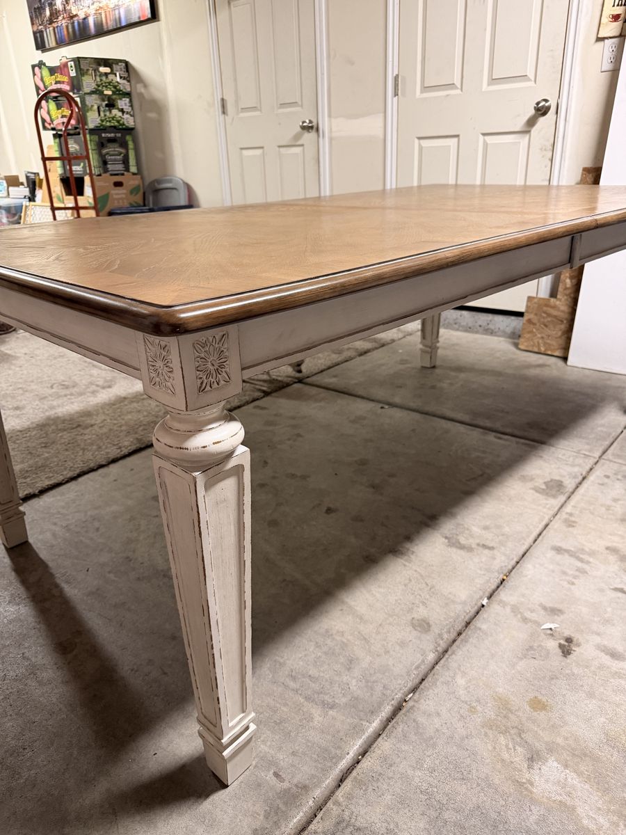 French Country Style Wooden Dining Table White Base Parquet Top 78-Inch Length