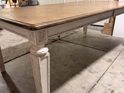 French Country Style Wooden Dining Table White Base Parquet Top 78-Inch Length