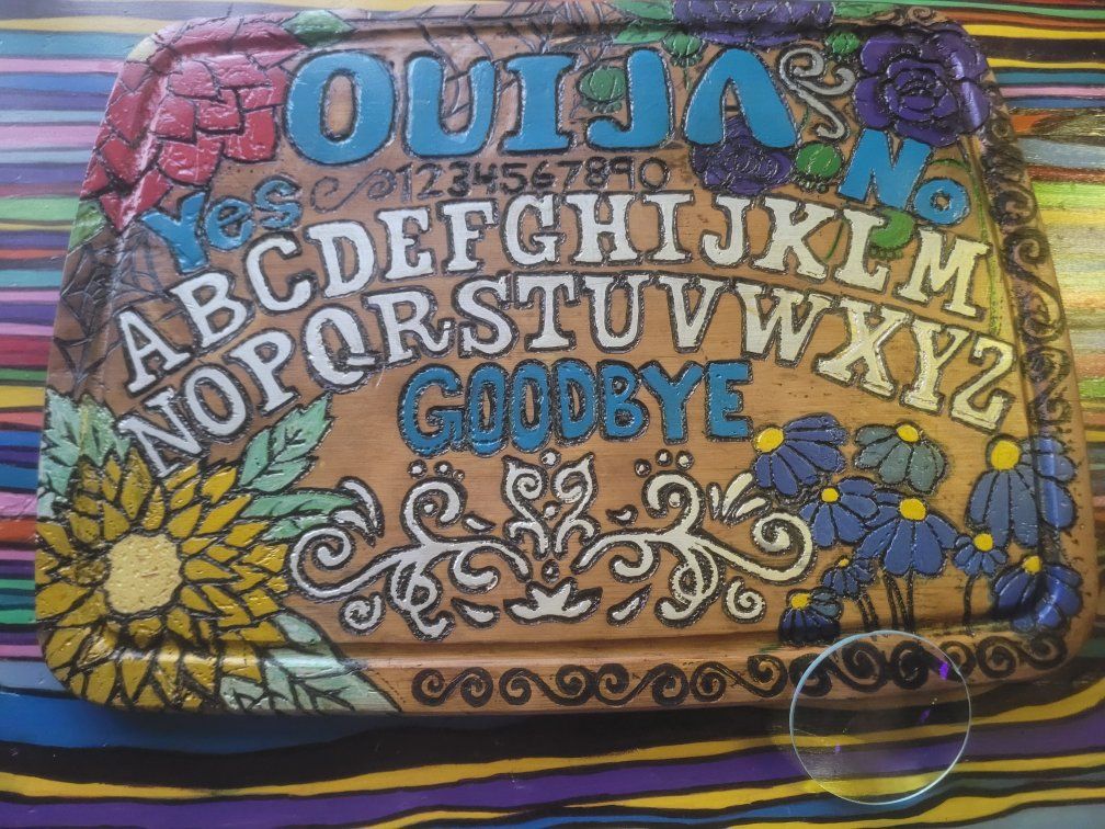 Handcrafted Wooden Ouija Board with Colorful Floral Burn and Paint Design