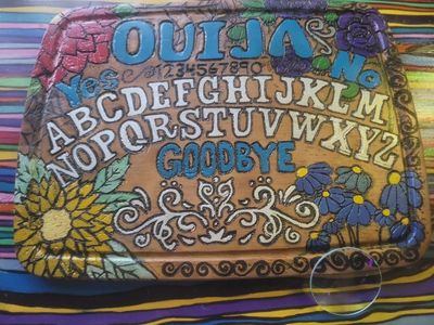 Handcrafted Wooden Ouija Board with Colorful Floral Burn and Paint Design