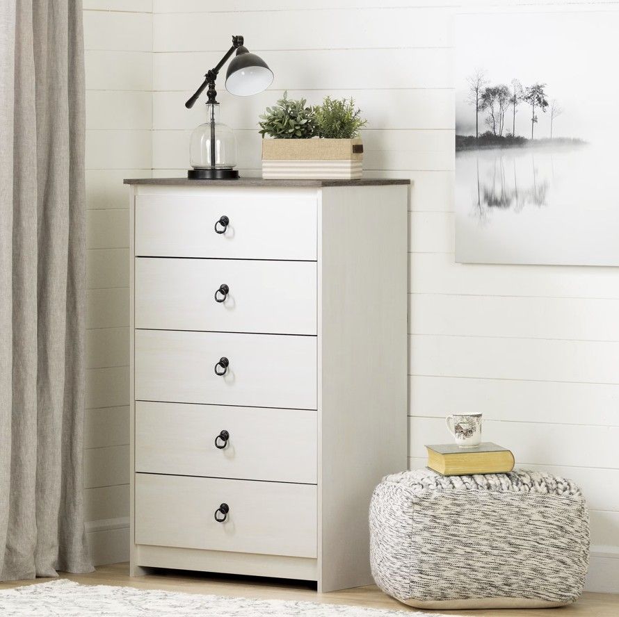 South Shore Furniture Plenny 5-Drawer Chest, White Wash and Weathered Oak, W29.75 x D19 x H48.75