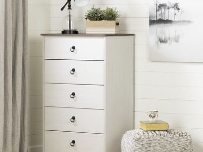 South Shore Furniture Plenny 5-Drawer Chest, White Wash and Weathered Oak, W29.75 x D19 x H48.75