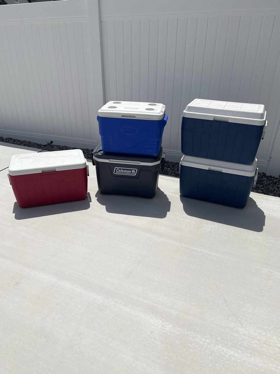 Coleman Hard Coolers - Blue, Red, Black - Set of 5 Portable Ice Chests for Camping & Outdoors