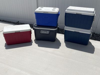Coleman Hard Coolers - Blue, Red, Black - Set of 5 Portable Ice Chests for Camping & Outdoors