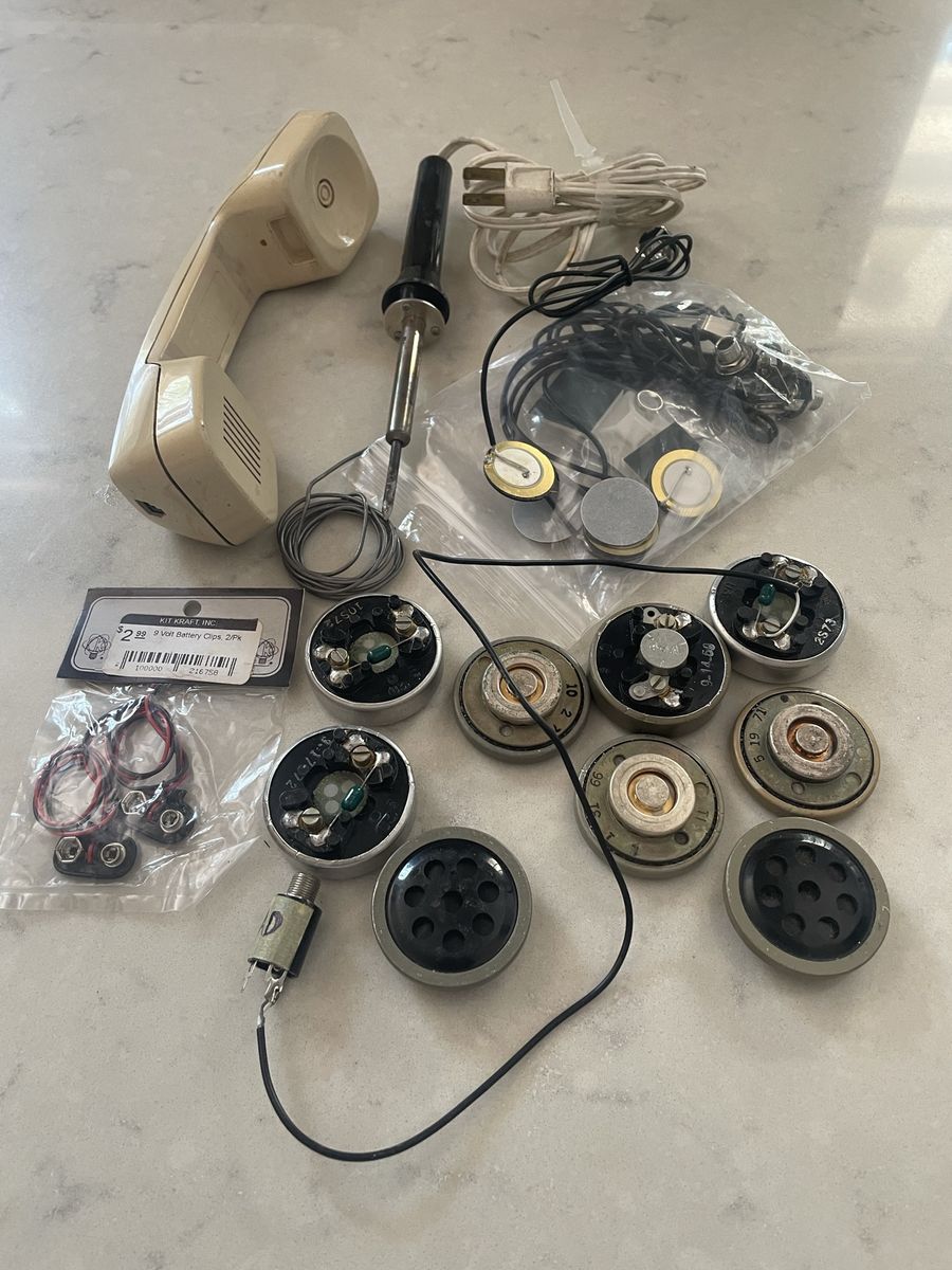 Vintage Phone Handset harmonica mic transmitters, Piezo Pickups, Soldering Iron & 9V Clips - Electronic Parts Lot