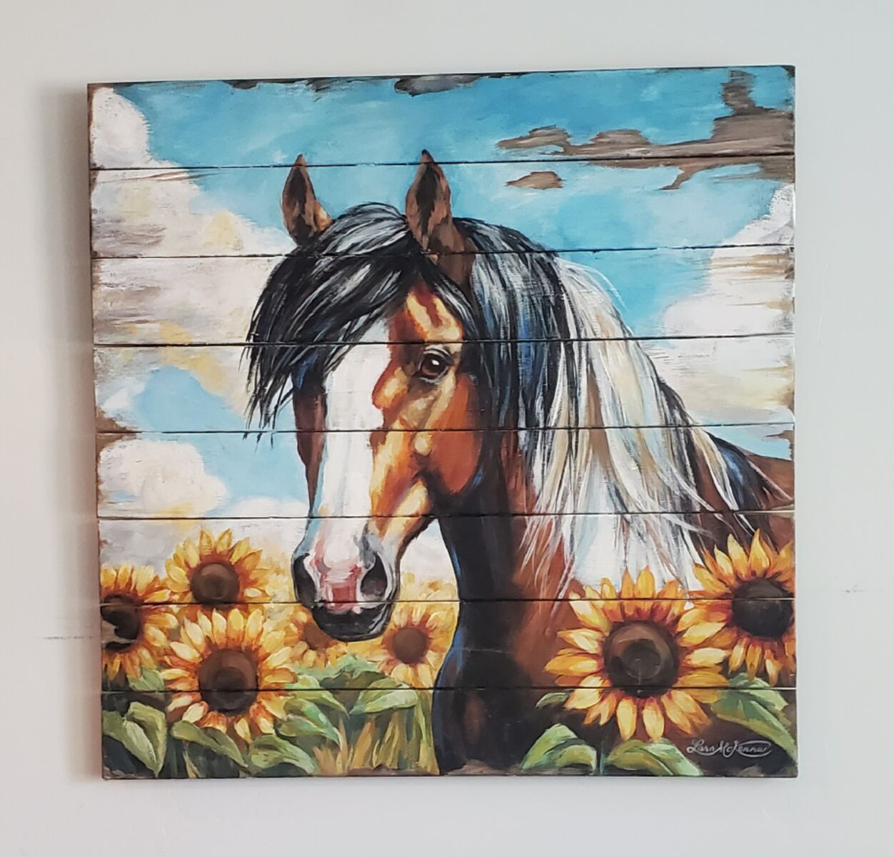 Horse in Sunflowers Original Handpainted Art Artist Painting Rustic Western Wood Planks Farmhouse