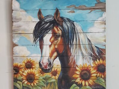 Horse in Sunflowers Original Handpainted Art Artist Painting Rustic Western Wood Planks Farmhouse
