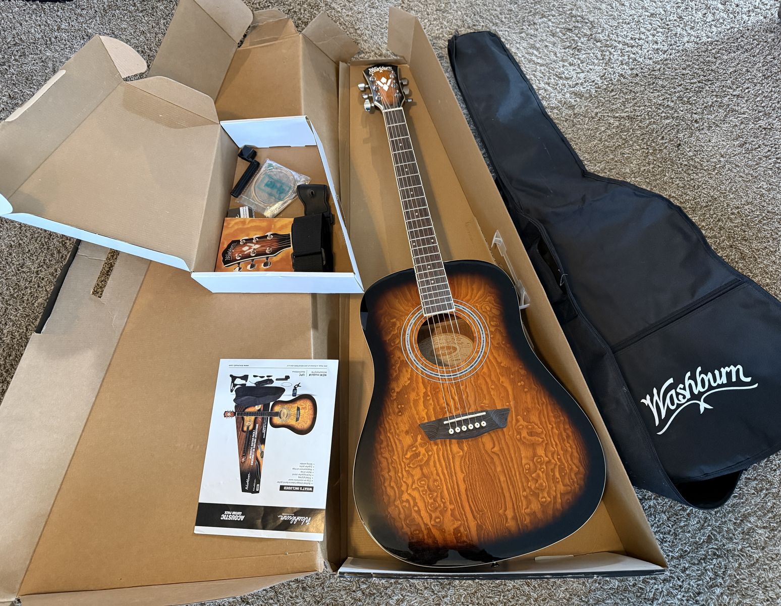 Washburn Premium Acoustic Guitar Pack Quilted Maple Top Vintage Tobacco Burst.