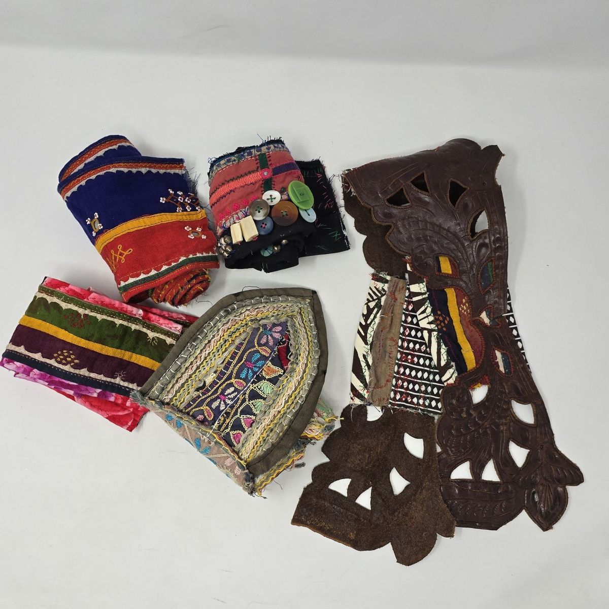 Vintage Boho Textile Lot w/ Embroidered Indian Trim & Leather Belt Panel – Craft / Upcycle