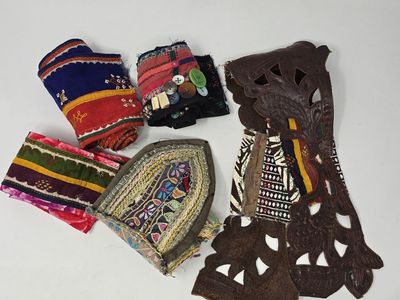 Vintage Boho Textile Lot w/ Embroidered Indian Trim & Leather Belt Panel – Craft / Upcycle