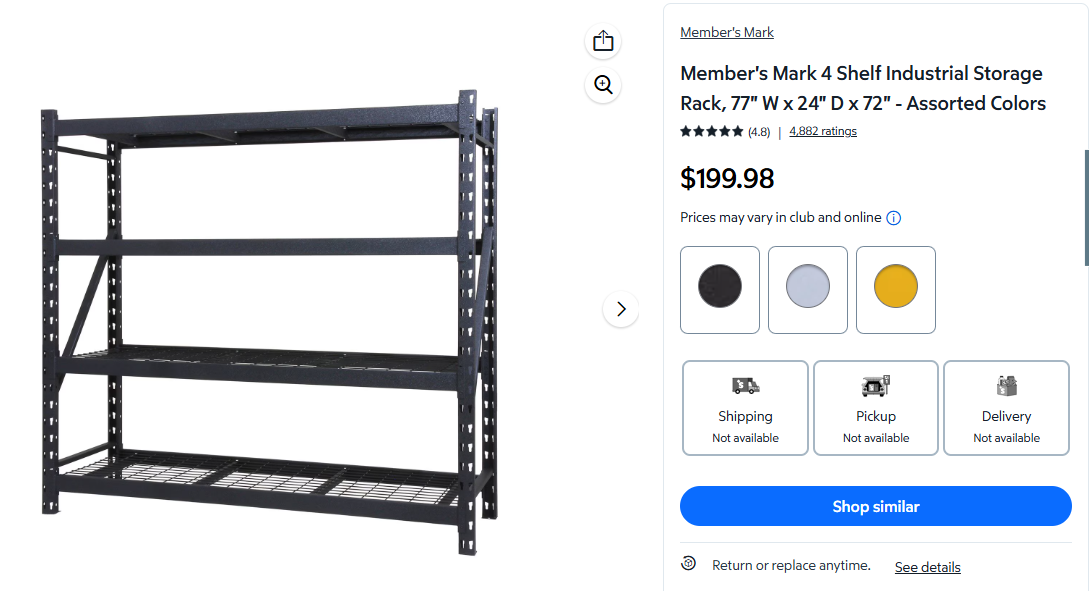 Member's Mark 4 Shelf Industrial Storage Rack 10,000 lbs capacity, 77" W x 24" D x 72"