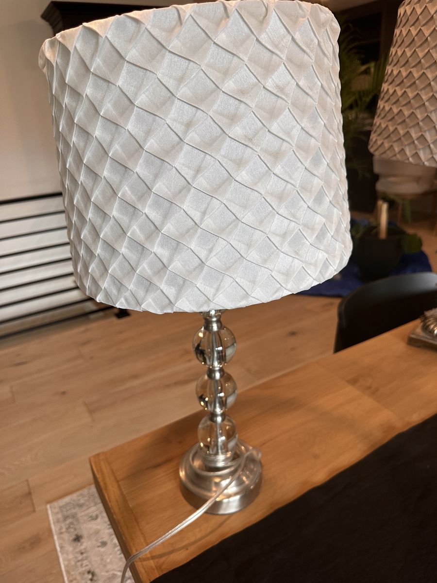 Elegant Table Lamp - White Pleated Shade with Clear Glass Orbs and Silver Base