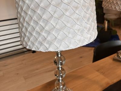 Elegant Table Lamp - White Pleated Shade with Clear Glass Orbs and Silver Base