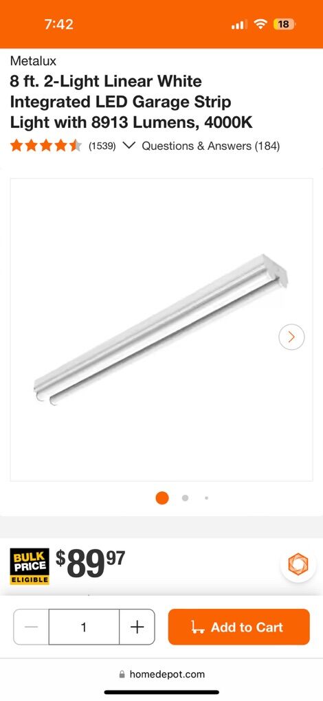 Metalux 8 Ft Linear WhIte LED Garage Strip Light