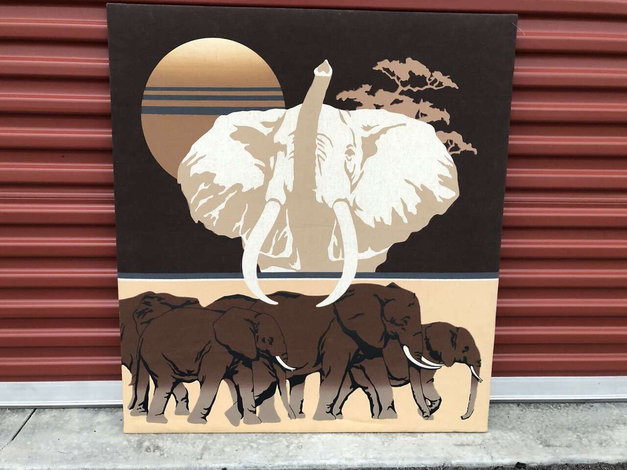 Large, vintage 36”x40” Elephant mid century modern mounted fabric print. Tapestry silkscreen MCM