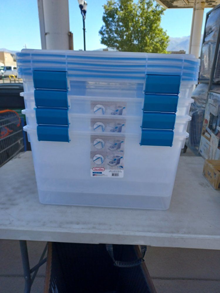 Sterilite 54 Qt Gasket Box Plastic Storage Bin Tote Blue Aquarium (4 Pack)
