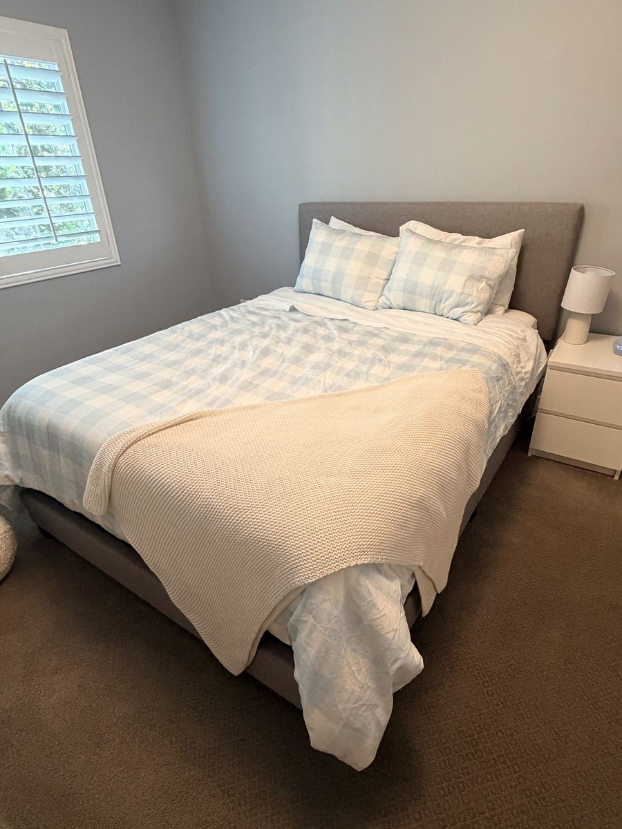 Queen Size Platform Bed Frame with Headboard - Gray Fabric Upholstered, No Box Spring Needed