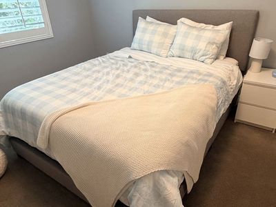 Queen Size Platform Bed Frame with Headboard - Gray Fabric Upholstered, No Box Spring Needed