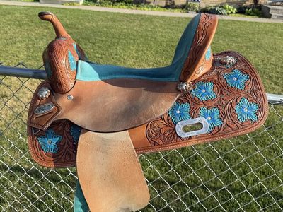 Hilason 16” Barrel Saddle with Flex Tree - Floral Tooled Leather & Aqua Inlay