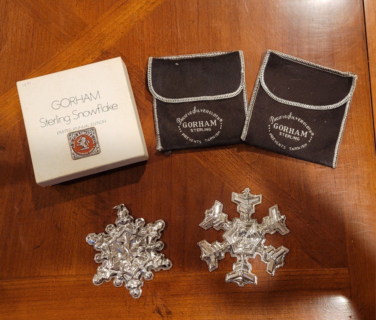 Set of 2 Vintage Gorham Sterling Silver Christmas Snowflake Ornaments 1971 and 1977