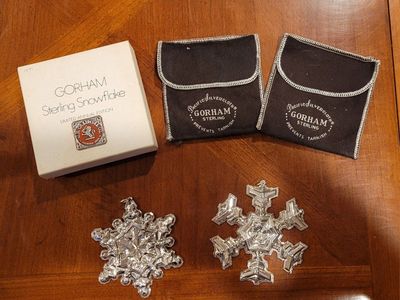 Set of 2 Vintage Gorham Sterling Silver Christmas Snowflake Ornaments 1971 and 1977