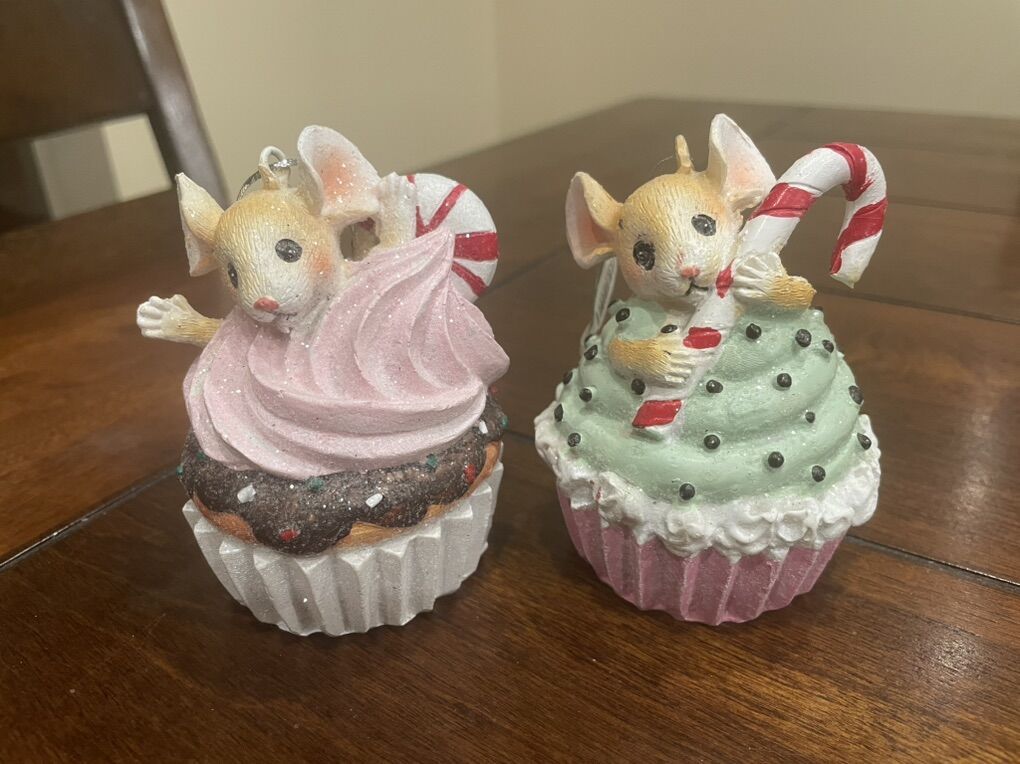 2 New Mice On Cupcakes Ornaments