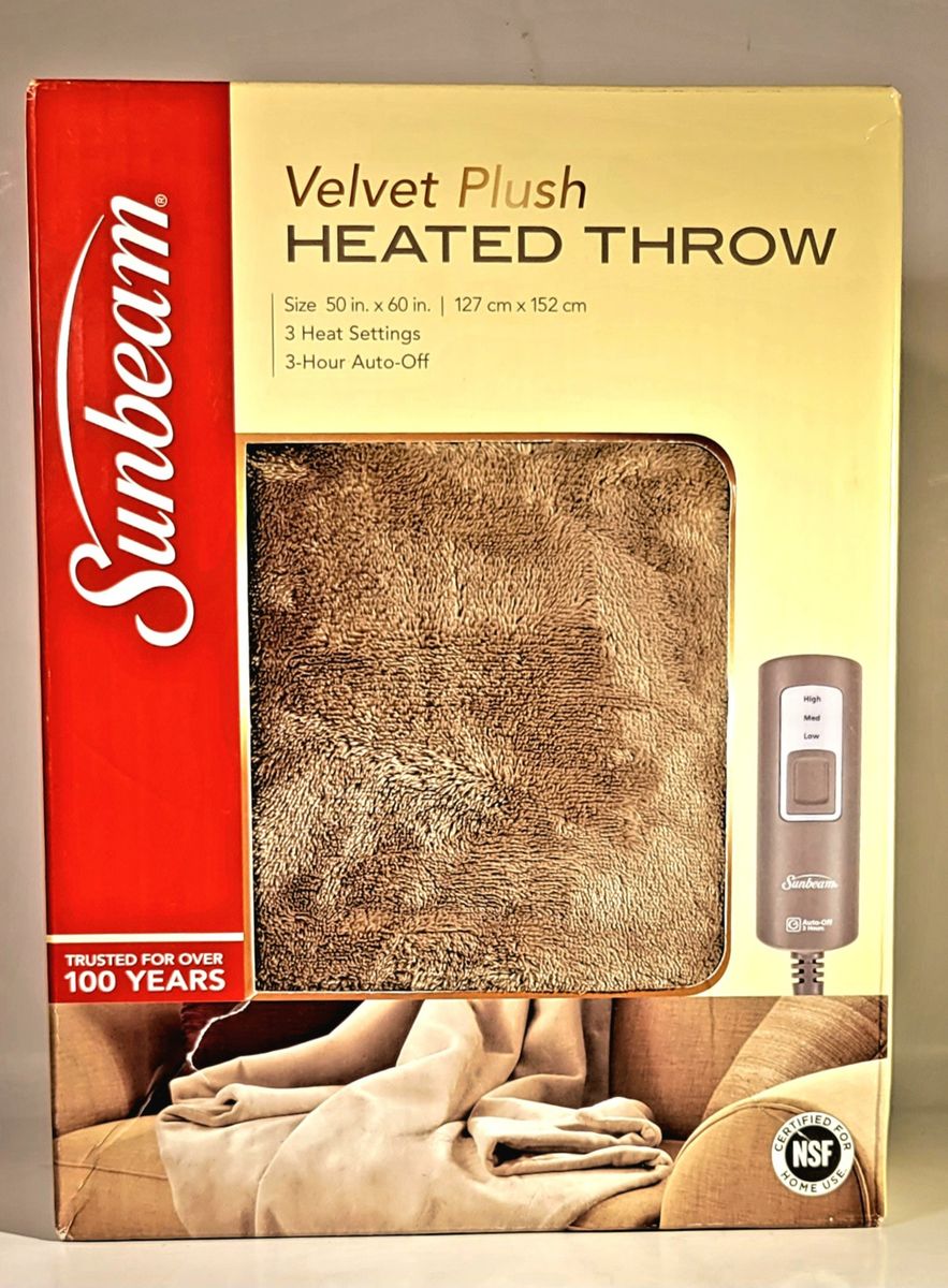 Sunbeam Velvet Plush Heat Throw Electric Blanket 3 Heat Setting