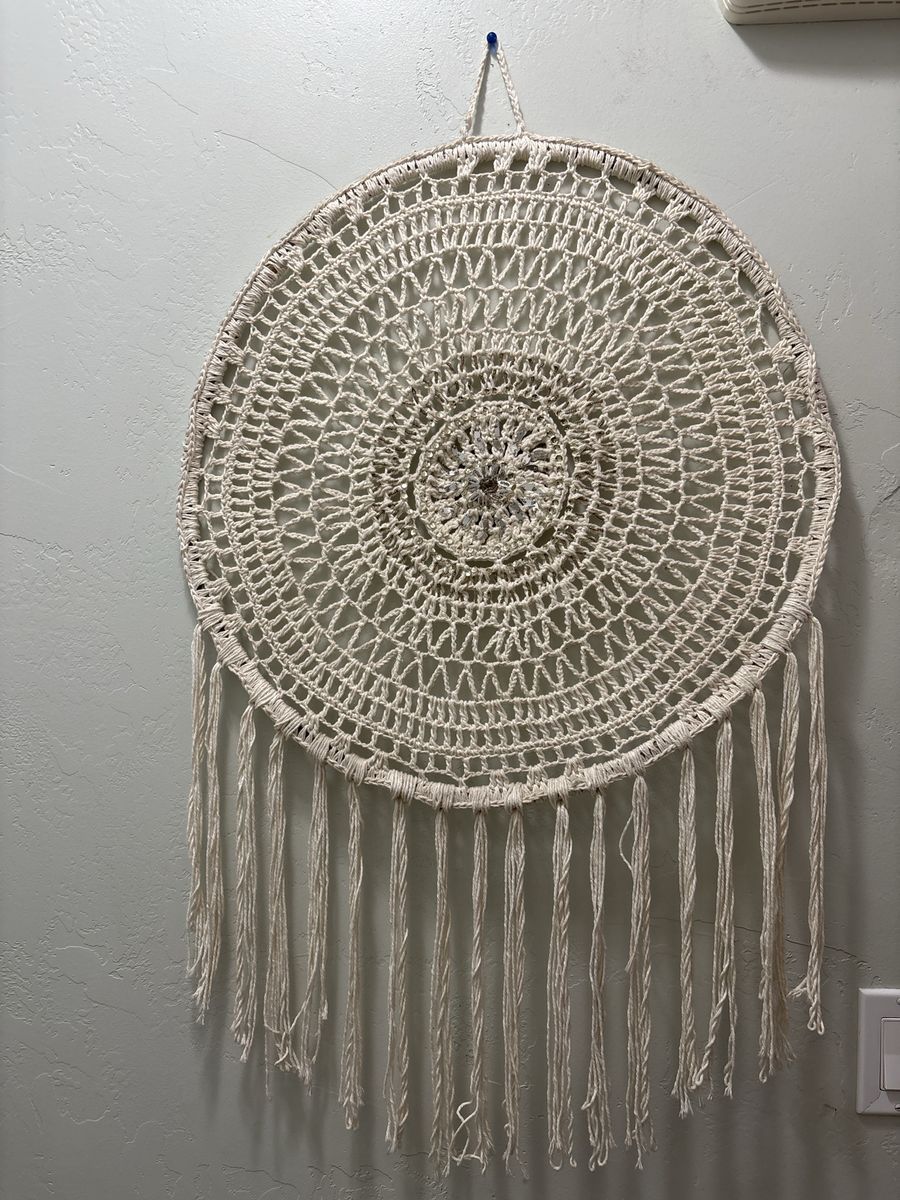 Handmade Crocheted Wall Hanging Dream Catcher with Beads and Sequins - Off-White/Cream, not perfectly round