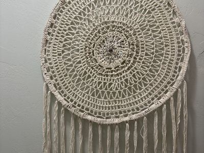 Handmade Crocheted Wall Hanging Dream Catcher with Beads and Sequins - Off-White/Cream, not perfectly round