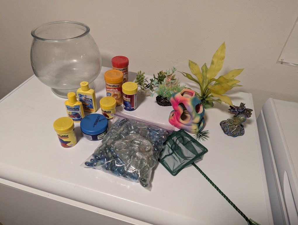 Fish Tank Accessories Bundle - Bowl, Decor, Food, and Net (Betta, goldfish, or other)